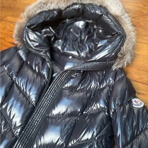 Moncler Shiny Black Womens Jacket with Fur Hood